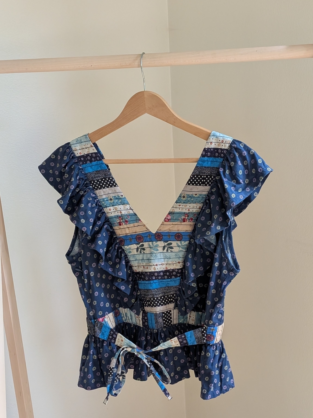 NWT Anthropologie Let Me Be Patchwork V-neck Peplum Blouse In Navy - S - Picture 8 of 10